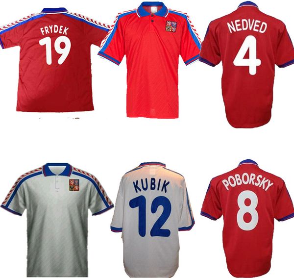 retro soccer jersey czech republic vintage uniform 96 97 home red classic football shirt away #18 novotny #4 nedved #8 poborsky #19 frydek, Black;yellow
retro soccer jersey czech republic vintage uniform 96 97 home red classic football shirt away #18 novotny #4 nedved #8 poborsky #19 frydek, Black;yellow