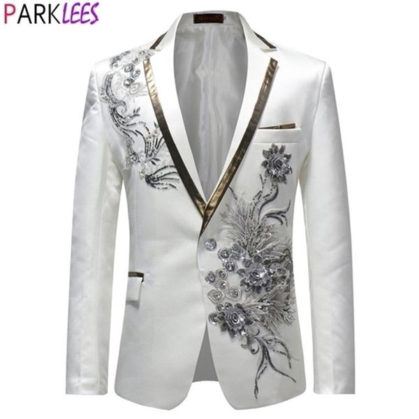 men's suits blazers white floral sequin embroidery jacket men wedding groom tuxedo mens one button lapel stage costume homme 220912, White;black
men's suits blazers white floral sequin embroidery jacket men wedding groom tuxedo mens one button lapel stage costume homme 220912, White;black