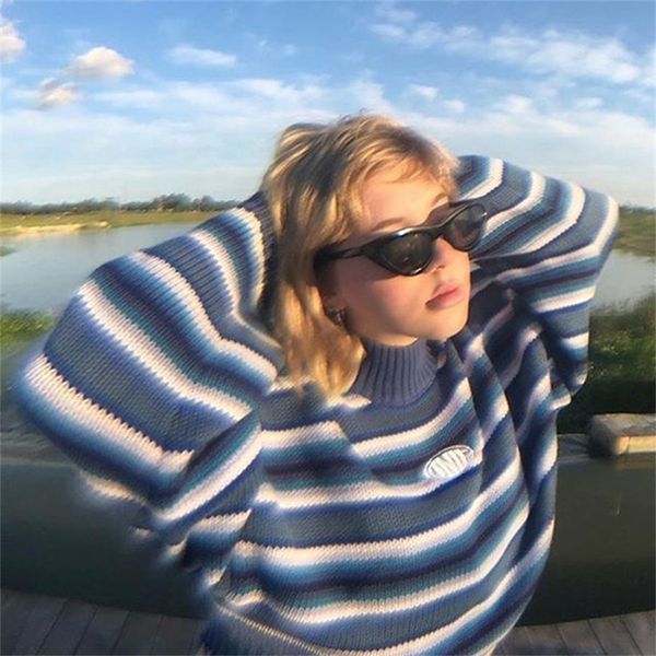 

women's knits tees clarissa sweater blue white striped oversized jumper embroidered mock neck cropped pullovers harajuku sweaters 22091