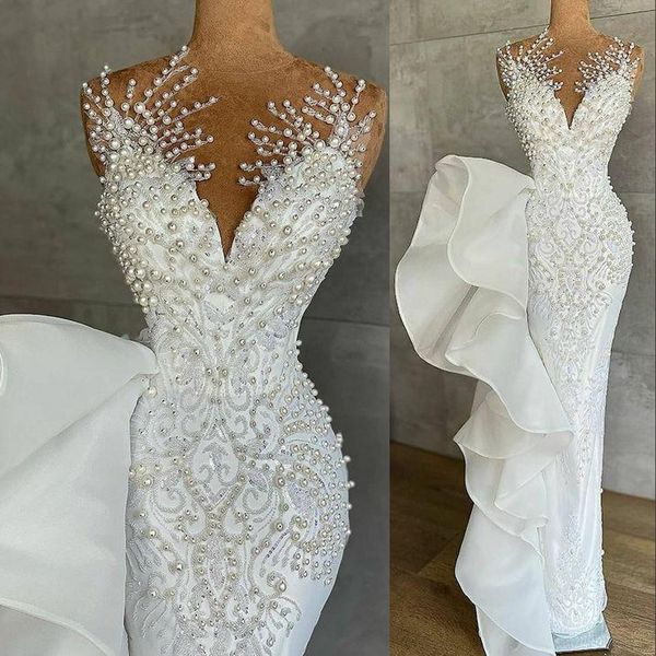2022 luxury mermaid wedding dresses bridal gowns plus size arabic jewel neck illusion embroidery lace appliques crystal beads pearls ruffles, White
2022 luxury mermaid wedding dresses bridal gowns plus size arabic jewel neck illusion embroidery lace appliques crystal beads pearls ruffles, White