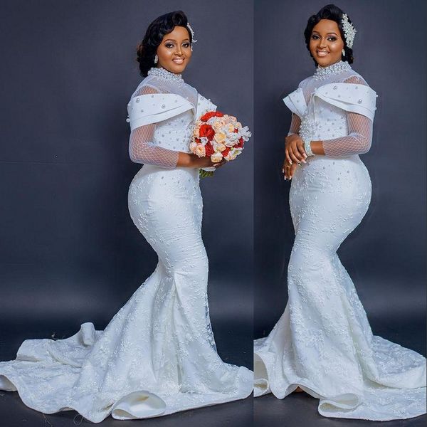 2022 mermaid wedding dresses bridal gowns plus size arabic high neck illusion full lace appliques long sleeves pearls beads, White
2022 mermaid wedding dresses bridal gowns plus size arabic high neck illusion full lace appliques long sleeves pearls beads, White