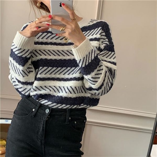 women s sweaters autumn winter striped color matching vintage pullover mori style gentle 220913, White;black
women s sweaters autumn winter striped color matching vintage pullover mori style gentle 220913, White;black