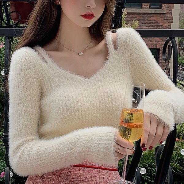 women s sweaters v neck off shoulder mink sweater women clothes long sleeve pullover korean fashion jumpers sueter mujer invierno 220913, White;black
women s sweaters v neck off shoulder mink sweater women clothes long sleeve pullover korean fashion jumpers sueter mujer invierno 220913, White;black