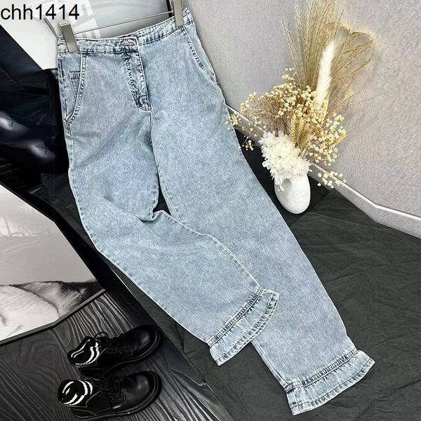 2022 new small fragrance high waist elastic and thin straight tube jeans floor trousers women's wear autumn, Blue