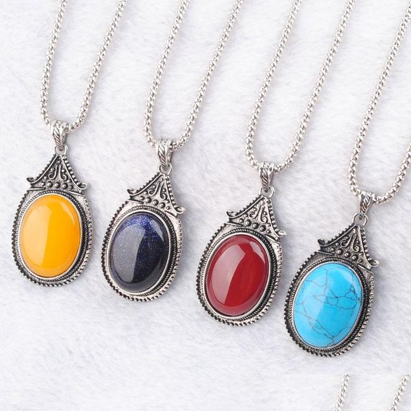 

pendant necklaces retro natural amethyst agate stone pendants necklace vintage jewelry for man party gift turquoise opal oval sport1 dhwlg, Silver