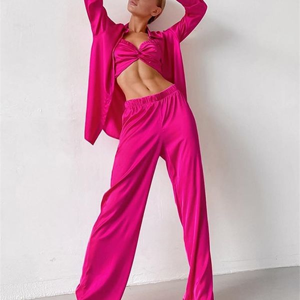 women's two piece pants women satin shirt trousers three piece set casual fungus vest wide leg pants suit female summer lady streetwear, White
women's two piece pants women satin shirt trousers three piece set casual fungus vest wide leg pants suit female summer lady streetwear, White