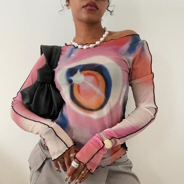 women's t-shirt & tees autumn round neck pullover long sleeve mesh print midriff top, White
women's t-shirt & tees autumn round neck pullover long sleeve mesh print midriff top, White