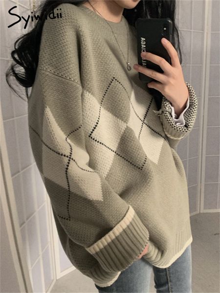 women s sweaters syiwidii woman argyle autumn winter pullovers long sleeve o neck loose knitted korean casual vintage jumper 220913, White;black
women s sweaters syiwidii woman argyle autumn winter pullovers long sleeve o neck loose knitted korean casual vintage jumper 220913, White;black