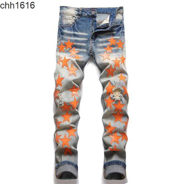 amirs new slim elastic jeans men embroidered five pointed star cat whisker worn hole jeans pants, Blue
amirs new slim elastic jeans men embroidered five pointed star cat whisker worn hole jeans pants, Blue