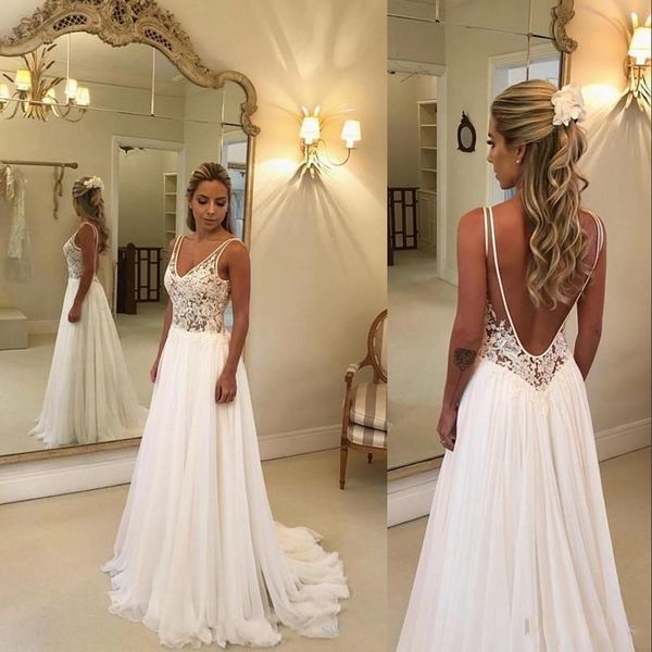 2022 wedding dresses a line formal bridal gowns bohemian summer beach deep v neck lace appliques beads chiffon illusion backless sweep train, White
2022 wedding dresses a line formal bridal gowns bohemian summer beach deep v neck lace appliques beads chiffon illusion backless sweep train, White