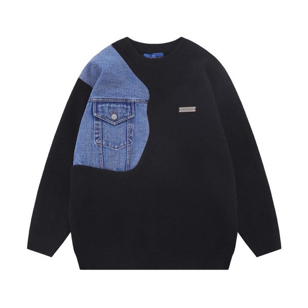 men s sweaters hip hop knit splicing contrast color denim cotton personality loose pullover casual streetwear 220913, White;black
men s sweaters hip hop knit splicing contrast color denim cotton personality loose pullover casual streetwear 220913, White;black