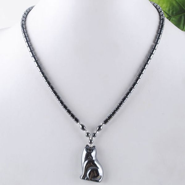 black non magnetic cat pendant necklace natural hematite stone beads strand 18" length fashion jewelry gift f3036, Silver