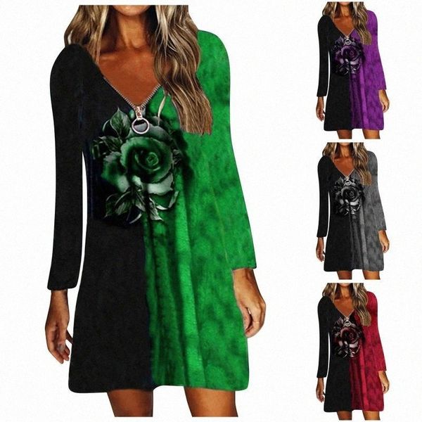 casual dresses loose printing rose dress summer women's short-sleeved v-neck fashion plus size mini b3ju#, Black;gray