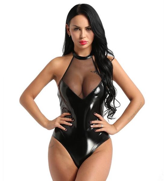 women one-piece catsuit costumes wetlook pvc faux leather mesh patchwork lingerie clubwear backless high cut teddy bodysuit nightwear, Black
women one-piece catsuit costumes wetlook pvc faux leather mesh patchwork lingerie clubwear backless high cut teddy bodysuit nightwear, Black