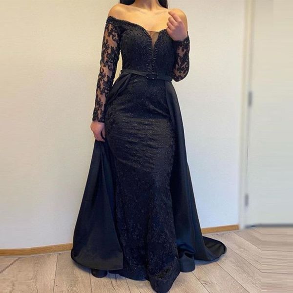 black mother of the bride dresses off shoulder sweetheart long sleeves lace applique back open with detachable evening gown robe de soiree d, Black;red
black mother of the bride dresses off shoulder sweetheart long sleeves lace applique back open with detachable evening gown robe de soiree d, Black;red