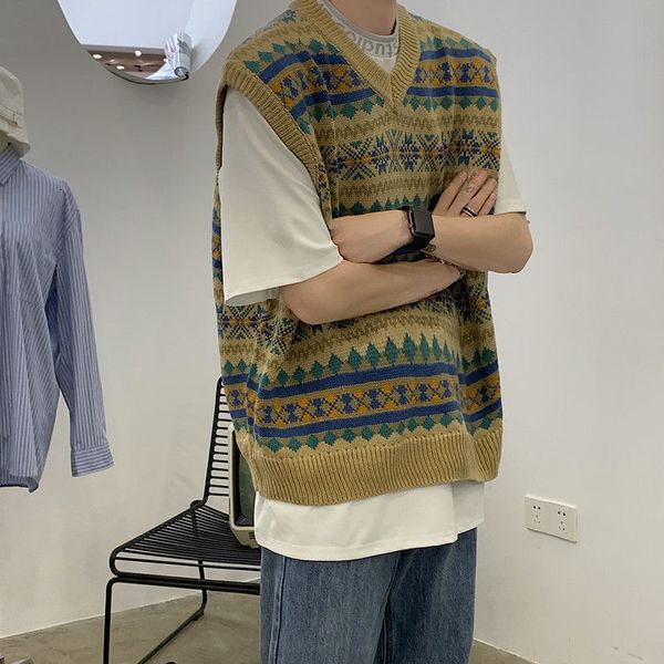 men s sweaters autumn korean sweater vest fashion retro casual v neck knitted pullover men streetwear loose knitting mens 220914, White;black 
men s sweaters autumn korean sweater vest fashion retro casual v neck knitted pullover men streetwear loose knitting mens 220914, White;black