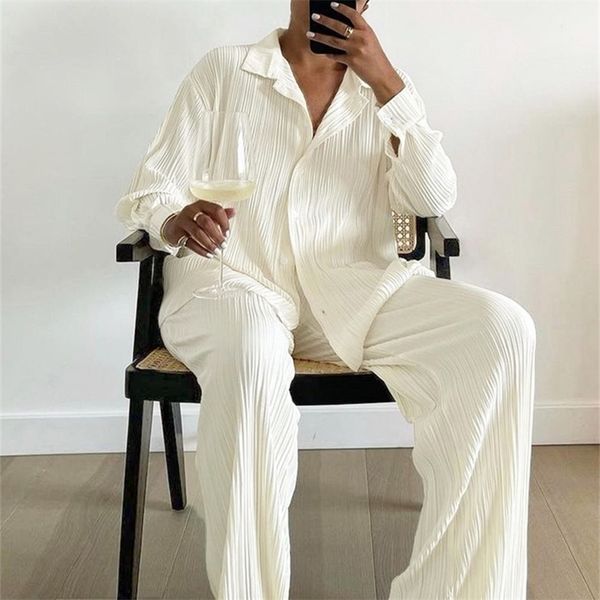 women's two piece pants bclout beige elegant pleated pants women's suit turn down collar long sleeve blouse high waist long pants, White
women's two piece pants bclout beige elegant pleated pants women's suit turn down collar long sleeve blouse high waist long pants, White