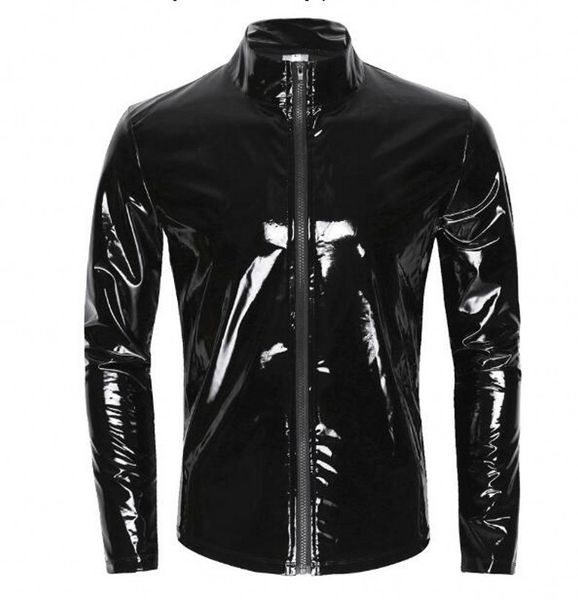 men shiny metallic catsuit costumes pvc faux leather long sleeve front-zip stand collar wet look patent leather nightclub style shirt perfo, Black
men shiny metallic catsuit costumes pvc faux leather long sleeve front-zip stand collar wet look patent leather nightclub style shirt perfo, Black