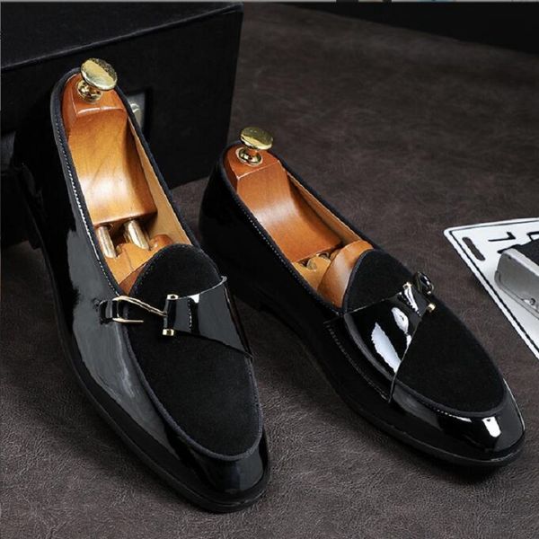new fashion trend daily shoes for men patent leather stitching suede metal hook decoration male comfortable casual loafers da67, Black
new fashion trend daily shoes for men patent leather stitching suede metal hook decoration male comfortable casual loafers da67, Black