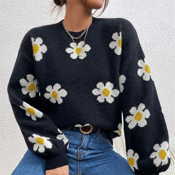 women s sweaters elegant floral knit pullover for fall winter casual loose long sleeve overwear l220913, White;black
women s sweaters elegant floral knit pullover for fall winter casual loose long sleeve overwear l220913, White;black