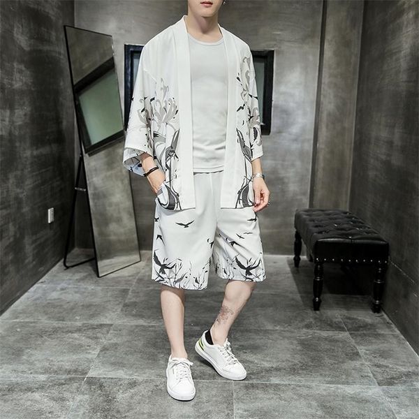 

men's tracksuits 4xl 5xl mens plus size japanese streetwear tracksuit men summer two piece set kimono shirt shorts male clothes men 2 p, Gray