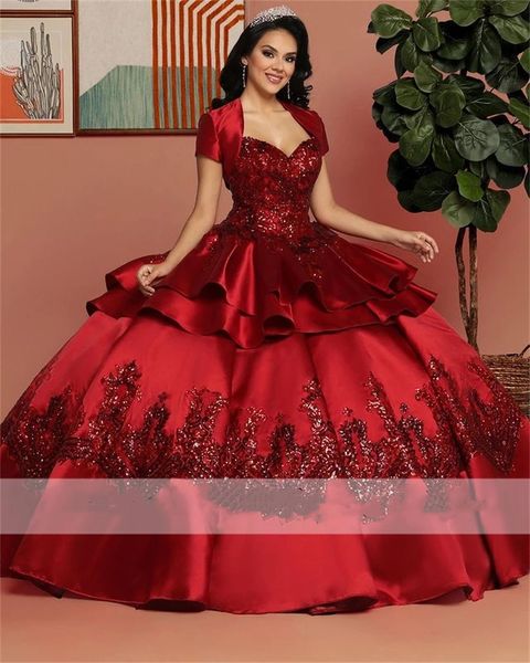 Image of Glitter Sequins Princess Ball Gown Quinceanera Dresses With Jacket Bead Appliques Sweet 15 16 Dress Vestidos De Xv Anos