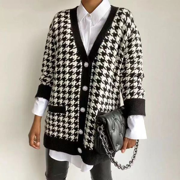 v neck women button black knits houndstooth cardigan 2022 long sleeve sweater autumn winter knitted loose oversized jumper casual, White
v neck women button black knits houndstooth cardigan 2022 long sleeve sweater autumn winter knitted loose oversized jumper casual, White