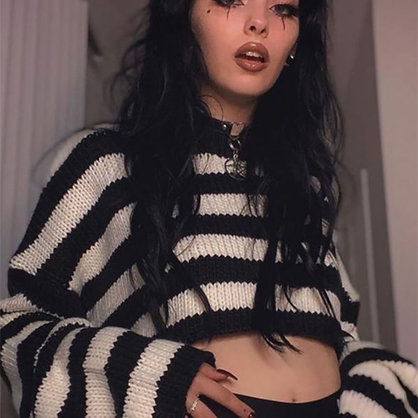women's knits tees goth dark vintage striped gothic sweaters punk oversize long sleeve women crop pullovers alt clothes fashion autumn, White
women's knits tees goth dark vintage striped gothic sweaters punk oversize long sleeve women crop pullovers alt clothes fashion autumn, White