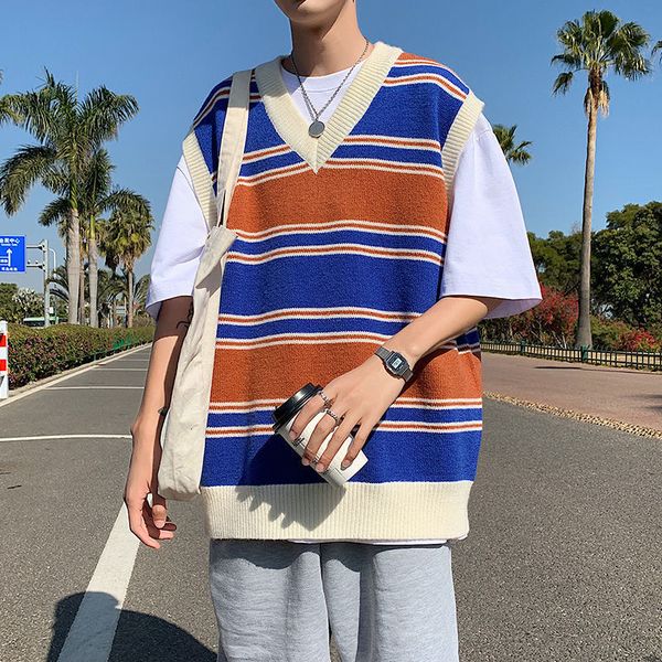 men s sweaters stripe vest fashion retro casual v neck streetwear korean loose pullover s clothes 220914, White;black
men s sweaters stripe vest fashion retro casual v neck streetwear korean loose pullover s clothes 220914, White;black