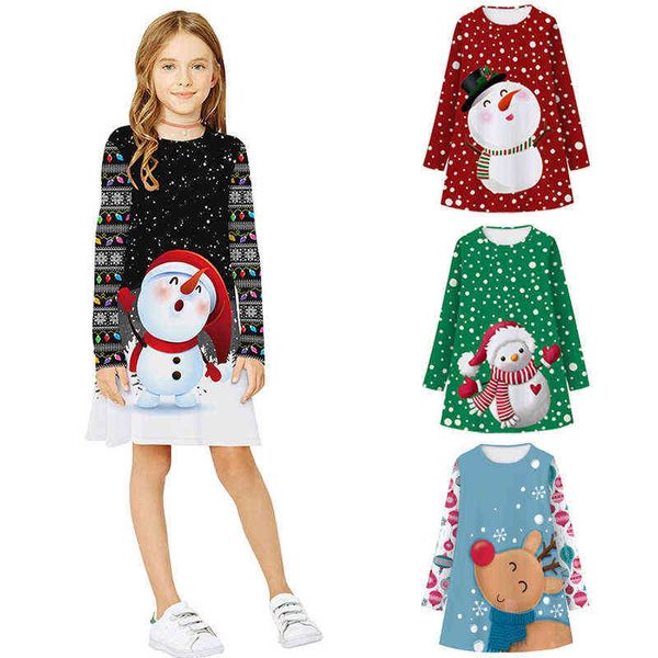 

girl's children new year clothes xmas princess es cute snowman print long sleeve cartoon girls teen kid girl christmas dress 0913, Red;yellow
