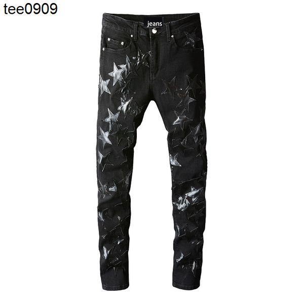 high street fashion brand black five pointed star jeans for young men, Blue
high street fashion brand black five pointed star jeans for young men, Blue