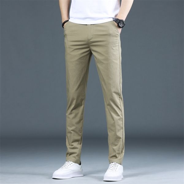 

men's pants casual pants men stretch slim classic chino pants men khaki thin cotton summer trousers elastic dress korean male business, Black