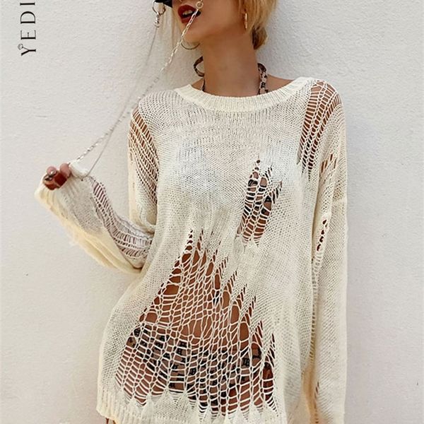 women's knits tees yedinas hollow out sweater women loose knitted hole thin pullovers long sleeve oversized streetwear american style, White
women's knits tees yedinas hollow out sweater women loose knitted hole thin pullovers long sleeve oversized streetwear american style, White