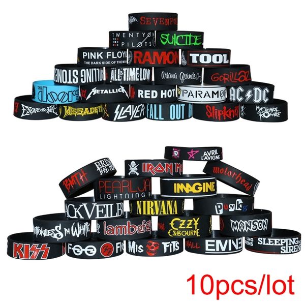 bangle 10pcs heavy metal bands silicone bracelets rock and roll music wristbands punk fans gift collection 220914, Black 
bangle 10pcs heavy metal bands silicone bracelets rock and roll music wristbands punk fans gift collection 220914, Black