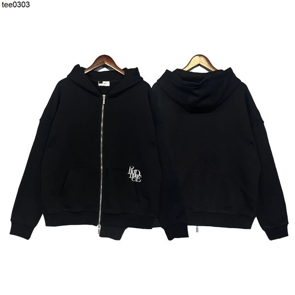 high version rhude basic embroidered letter zipper hoodie, Black