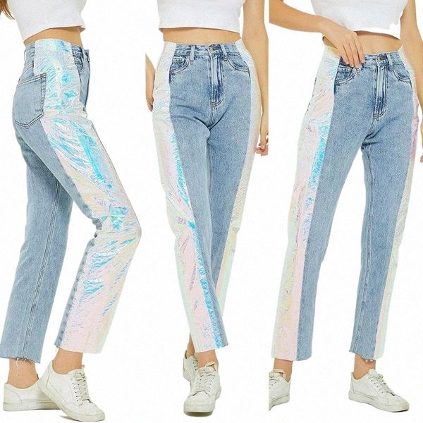 trendy women's wear loose boyfriends' style jeans women's pants splicing luminous fantasy color cloth high waist nine point j, Blue
trendy women's wear loose boyfriends' style jeans women's pants splicing luminous fantasy color cloth high waist nine point j, Blue