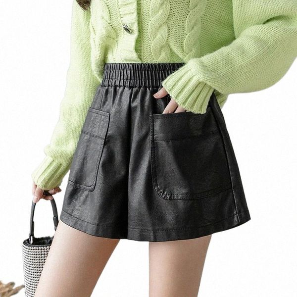 black leather pu short for women 2021 fashion high autumn and winter a-line loose pockets solid casual elastic waist ladies 0850 women', White;black
black leather pu short for women 2021 fashion high autumn and winter a-line loose pockets solid casual elastic waist ladies 0850 women', White;black
