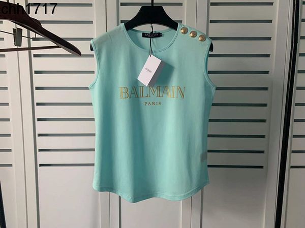 22 spring and summer new barman sleeveless shoulder gold button vest arc hem t-shirt women, White
22 spring and summer new barman sleeveless shoulder gold button vest arc hem t-shirt women, White