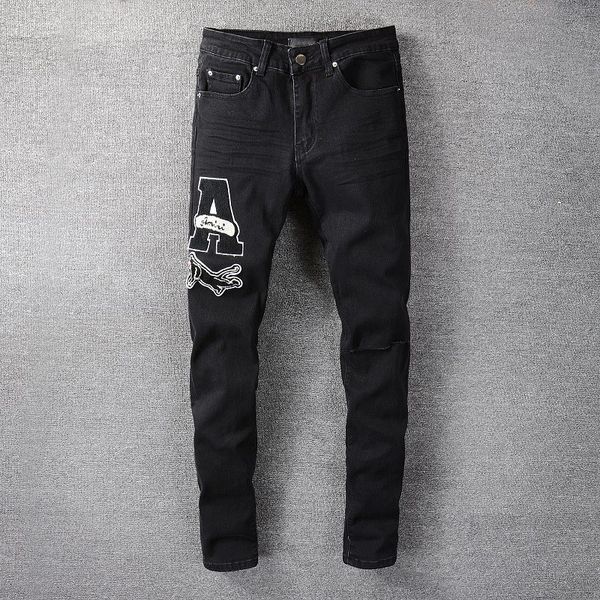 men's jeans letter embroidery ripped patch jeans trend stretch skinny pants black, Blue
men's jeans letter embroidery ripped patch jeans trend stretch skinny pants black, Blue