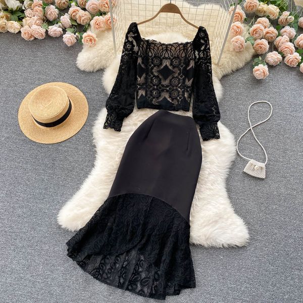 celebrity dress premium set women's short lace versatile wrap hip fishtail skirt temperament two piece set, Black;gray
celebrity dress premium set women's short lace versatile wrap hip fishtail skirt temperament two piece set, Black;gray