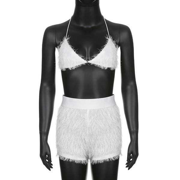 women's two piece pants solid color hair hanging neck halter backless triangle cup ultra short crop corset high waist three-point short, White
women's two piece pants solid color hair hanging neck halter backless triangle cup ultra short crop corset high waist three-point short, White