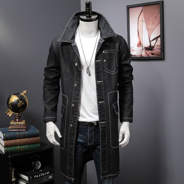 men's wool blends mens fashion long denim trench coat slim fit korean pockets black h1 220915
men's wool blends mens fashion long denim trench coat slim fit korean pockets black h1 220915