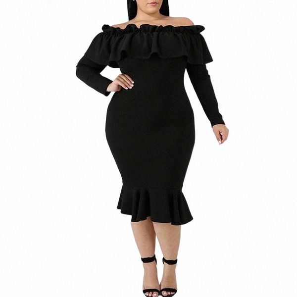 off shoulder ruffles plus size dress women long sleeve slim knee length dresses clothing 4xl 5xl black white elegant casual l1jc#, Black;gray
off shoulder ruffles plus size dress women long sleeve slim knee length dresses clothing 4xl 5xl black white elegant casual l1jc#, Black;gray