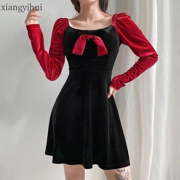 spring vintage korean velvet long sleeve black and red patchwork dress a-line female women's clothing high waist vestido casual dresses, Black;gray
spring vintage korean velvet long sleeve black and red patchwork dress a-line female women's clothing high waist vestido casual dresses, Black;gray