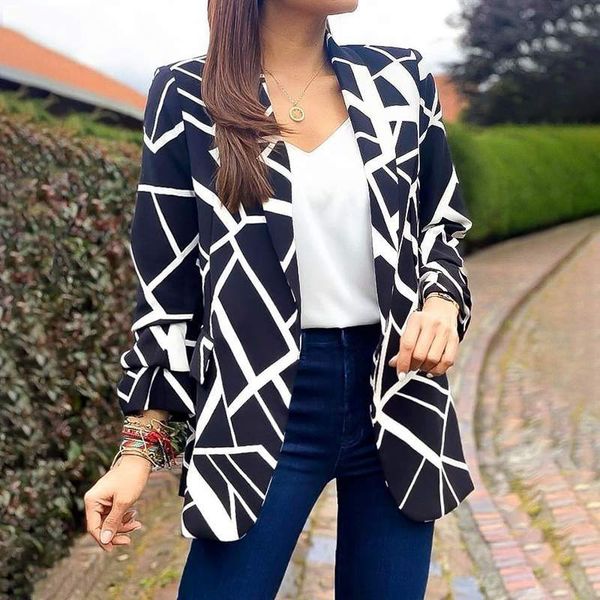 2022 autumn fashion all-match printed suit women's buttonless white small suit jacket, White;black
2022 autumn fashion all-match printed suit women's buttonless white small suit jacket, White;black