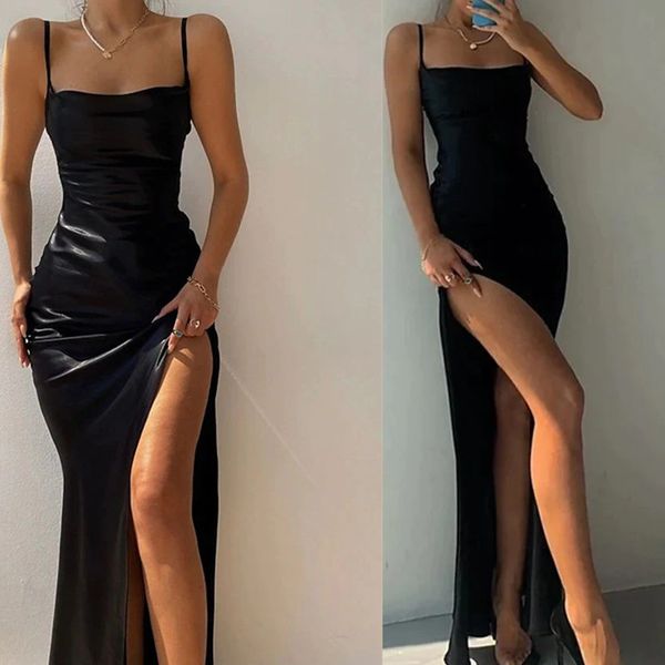 black satin side split mermaid evening dresses spaghetti straps bride party cocktail prom gowns, Black;red
black satin side split mermaid evening dresses spaghetti straps bride party cocktail prom gowns, Black;red