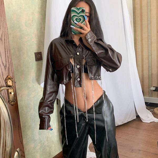 women's jackets solid color pu piece suit collar button cardigan long sleeve irregular hem corn-chain personality jacket, Black;brown
women's jackets solid color pu piece suit collar button cardigan long sleeve irregular hem corn-chain personality jacket, Black;brown