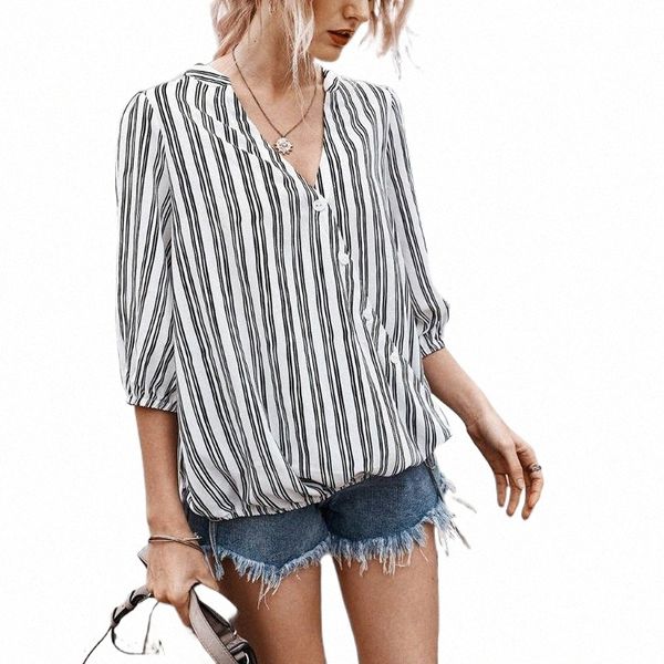 women's blouses & shirts 2021 women fashion v-neck striped 3/4 sleeve button casual elegant ladies office loose blusas femininas#g3 x8u, White
women's blouses & shirts 2021 women fashion v-neck striped 3/4 sleeve button casual elegant ladies office loose blusas femininas#g3 x8u, White