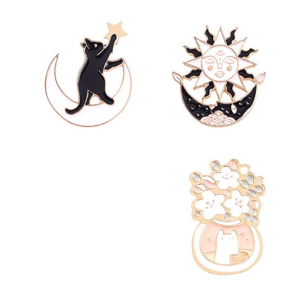 gold plated sun moon star cat brooches 3pcs set cartoon flower enamel badges alloy pin jewelry gift, Gray
gold plated sun moon star cat brooches 3pcs set cartoon flower enamel badges alloy pin jewelry gift, Gray