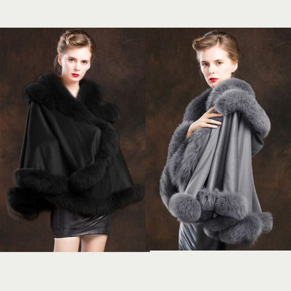 real cashmere cape coat scarves fox fur trim all round poncho cloak cap grey black, Blue;gray
real cashmere cape coat scarves fox fur trim all round poncho cloak cap grey black, Blue;gray